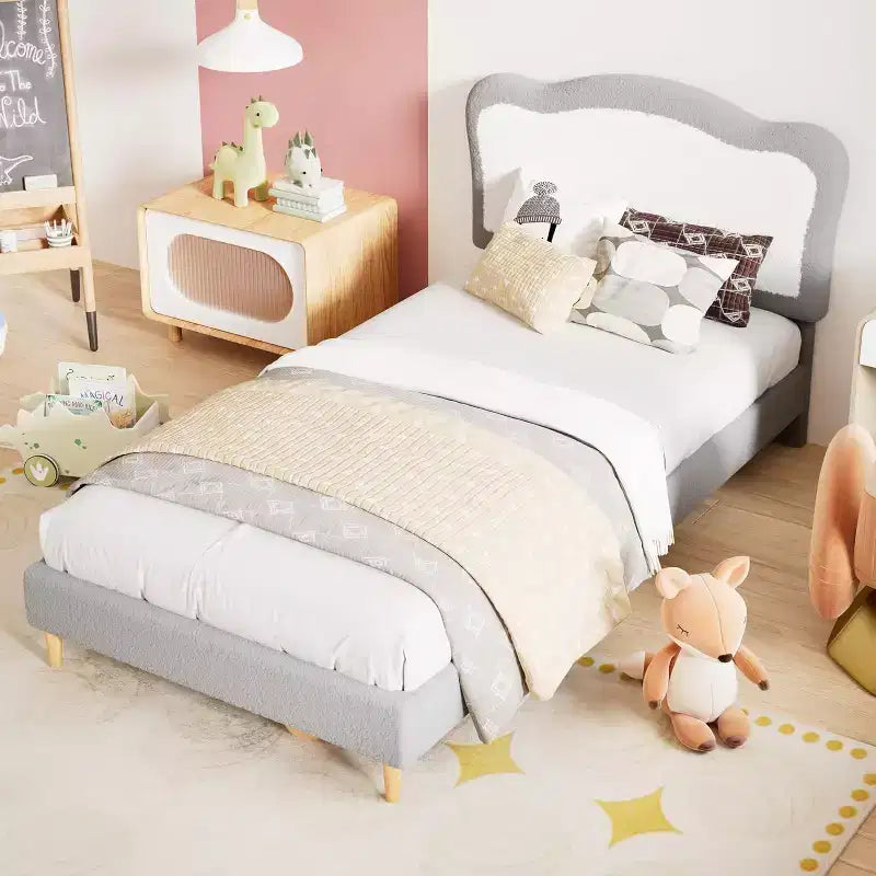 Cadre de lit pour enfants, cadre de lit simple rembourré pour enfants, avec tête de lit festonnée, joli lit en velours pour filles, garçons