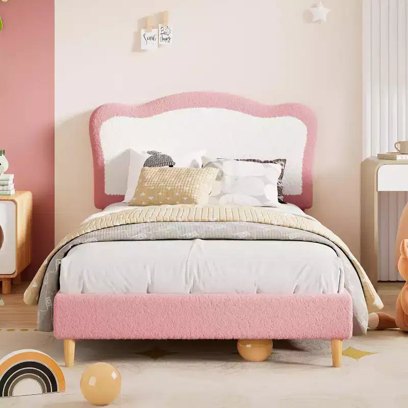 Cadre de lit pour enfants, cadre de lit simple rembourré pour enfants, avec tête de lit festonnée, joli lit en velours pour filles, garçons