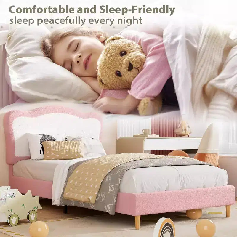 Cadre de lit pour enfants, cadre de lit simple rembourré pour enfants, avec tête de lit festonnée, joli lit en velours pour filles, garçons