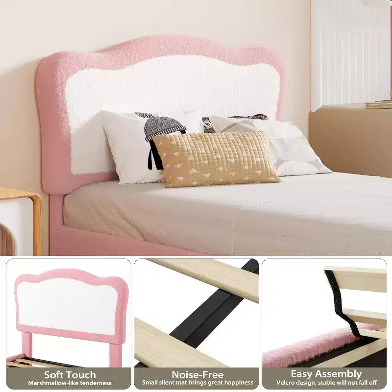 Cadre de lit pour enfants, cadre de lit simple rembourré pour enfants, avec tête de lit festonnée, joli lit en velours pour filles, garçons