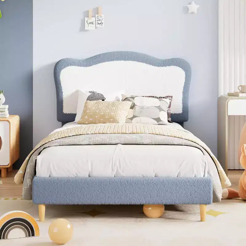 Cadre de lit pour enfants, cadre de lit simple rembourré pour enfants, avec tête de lit festonnée, joli lit en velours pour filles, garçons