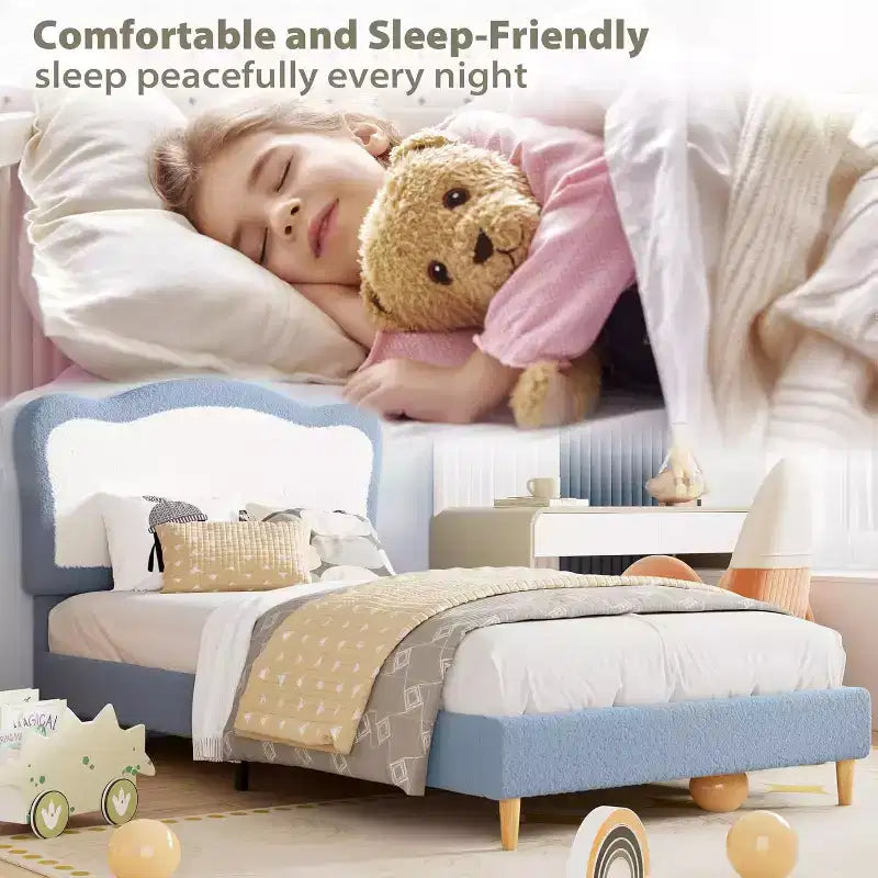 Cadre de lit pour enfants, cadre de lit simple rembourré pour enfants, avec tête de lit festonnée, joli lit en velours pour filles, garçons