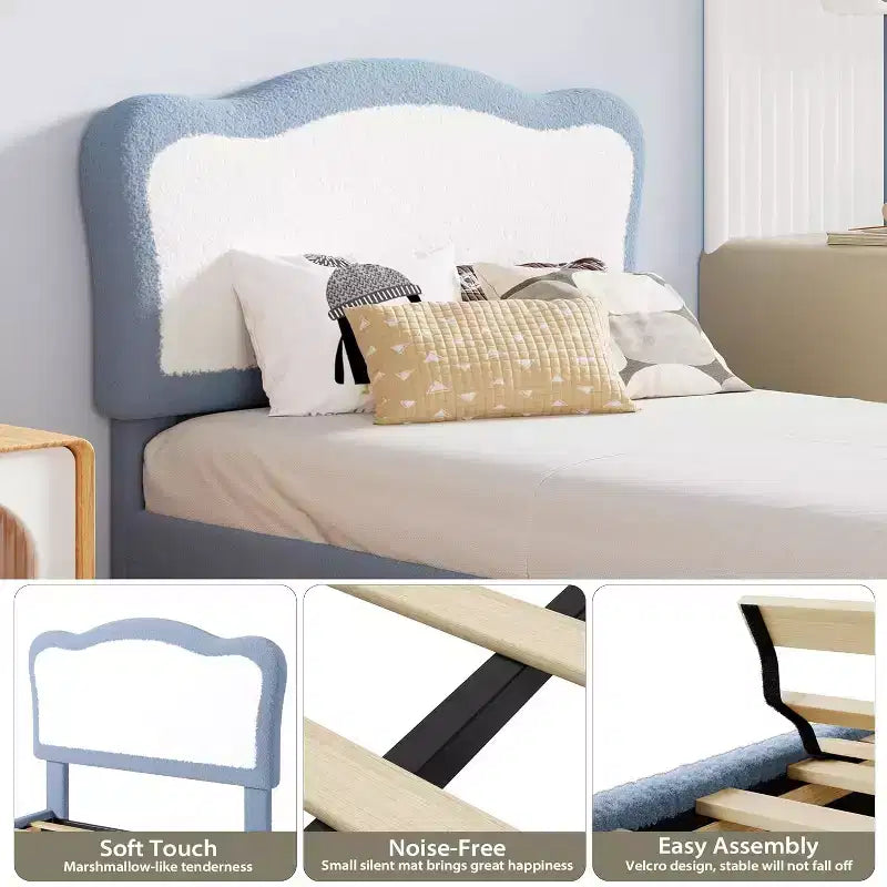Cadre de lit pour enfants, cadre de lit simple rembourré pour enfants, avec tête de lit festonnée, joli lit en velours pour filles, garçons