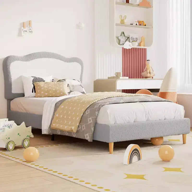 Cadre de lit pour enfants, cadre de lit simple rembourré pour enfants, avec tête de lit festonnée, joli lit en velours pour filles, garçons