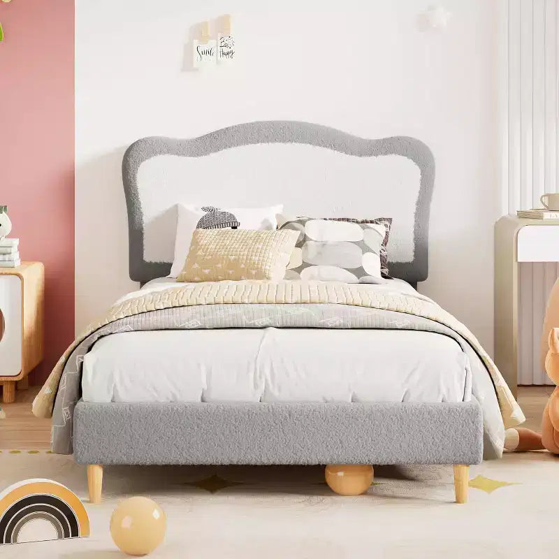 Cadre de lit pour enfants, cadre de lit simple rembourré pour enfants, avec tête de lit festonnée, joli lit en velours pour filles, garçons