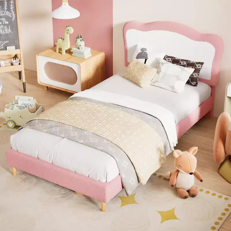 Cadre de lit pour enfants, cadre de lit simple rembourré pour enfants, avec tête de lit festonnée, joli lit en velours pour filles, garçons