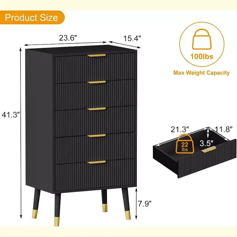 Commode cannelée à 5 tiroirs, armoire de rangement moderne en bois, organisateur de commode de chambre à coucher 2 pièces