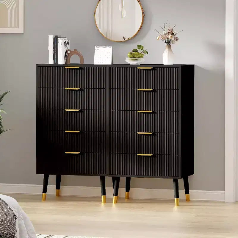 Commode cannelée à 5 tiroirs, armoire de rangement moderne en bois, organisateur de commode de chambre à coucher 2 pièces