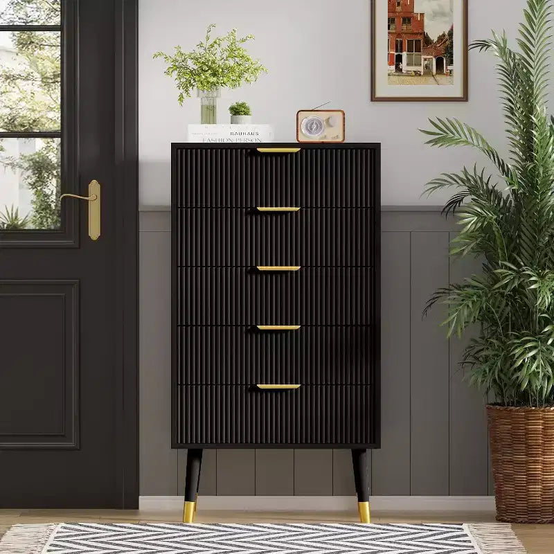 Commode cannelée à 5 tiroirs, armoire de rangement moderne en bois, organisateur de commode de chambre à coucher 2 pièces