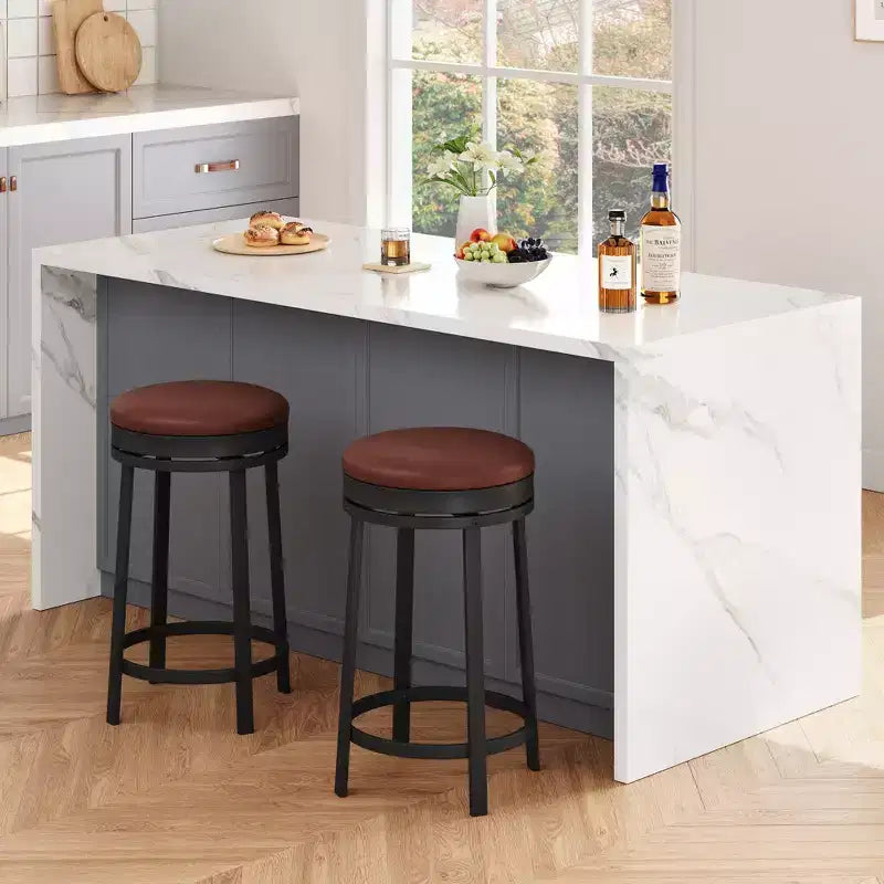 Chaise de bar sans dossier, ronde, hauteur comptoir 62 cm, avec coussin en cuir PU rembourré pour cuisine et bar à domicile