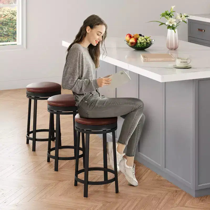 Chaise de bar sans dossier, ronde, hauteur comptoir 62 cm, avec coussin en cuir PU rembourré pour cuisine et bar à domicile