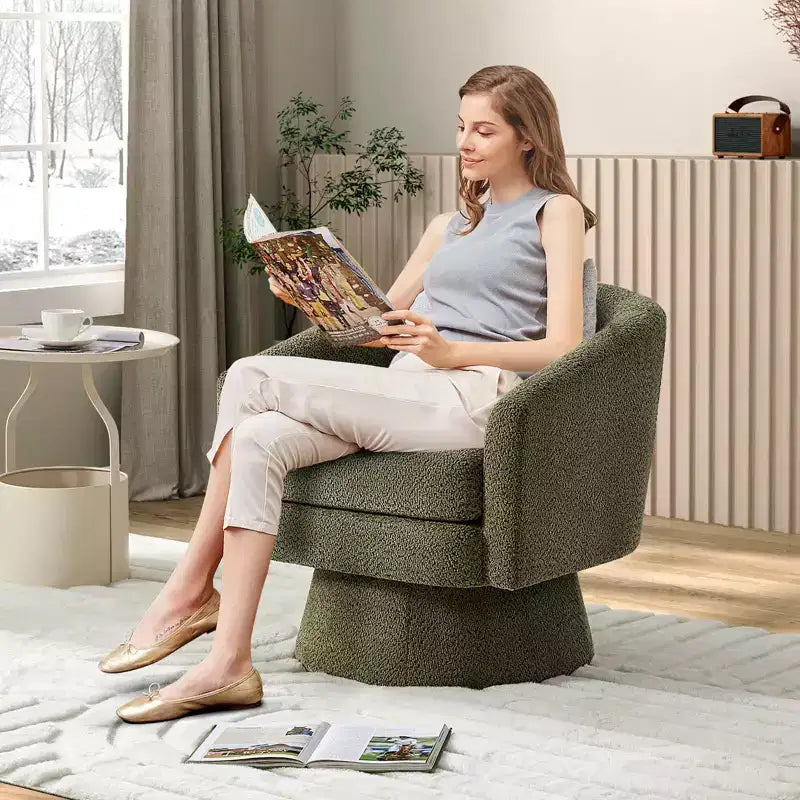 Fauteuil pivotant 360° moderne en chenille, avec un design ergonomique et un revêtement en velours moelleux pour votre salon, chambre ou bureau.