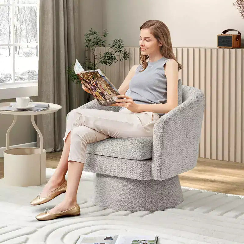 Fauteuil pivotant 360° moderne en chenille, avec un design ergonomique et un revêtement en velours moelleux pour votre salon, chambre ou bureau.