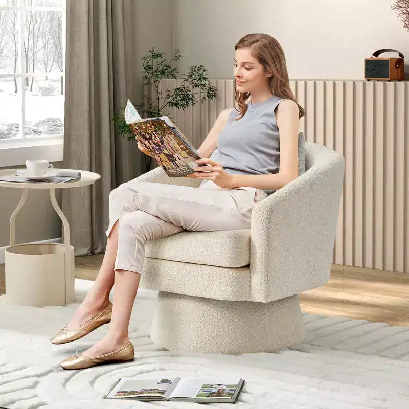 Fauteuil pivotant 360° moderne en chenille, avec un design ergonomique et un revêtement en velours moelleux pour votre salon, chambre ou bureau.