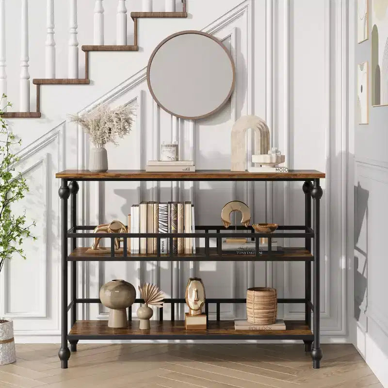 Console classique de 43 po avec 3 étagères, table de canapé avec design de support architectural pour entrée, salon, couloir, couleur gris/rétro