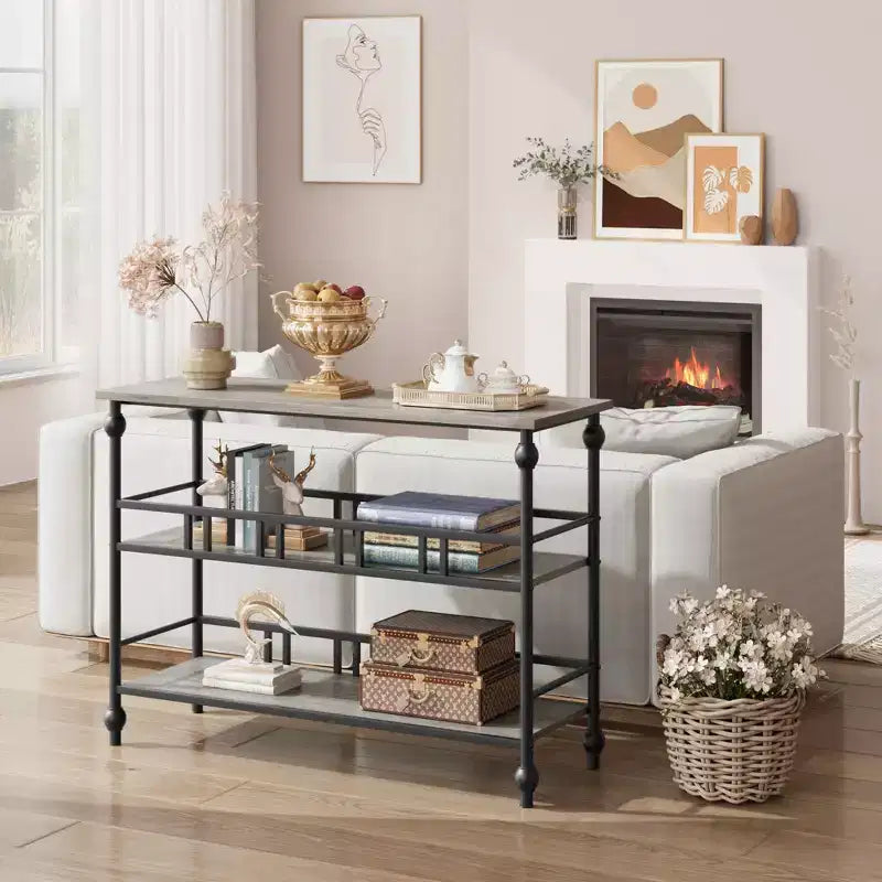 Console classique de 43 po avec 3 étagères, table de canapé avec design de support architectural pour entrée, salon, couloir, couleur gris/rétro