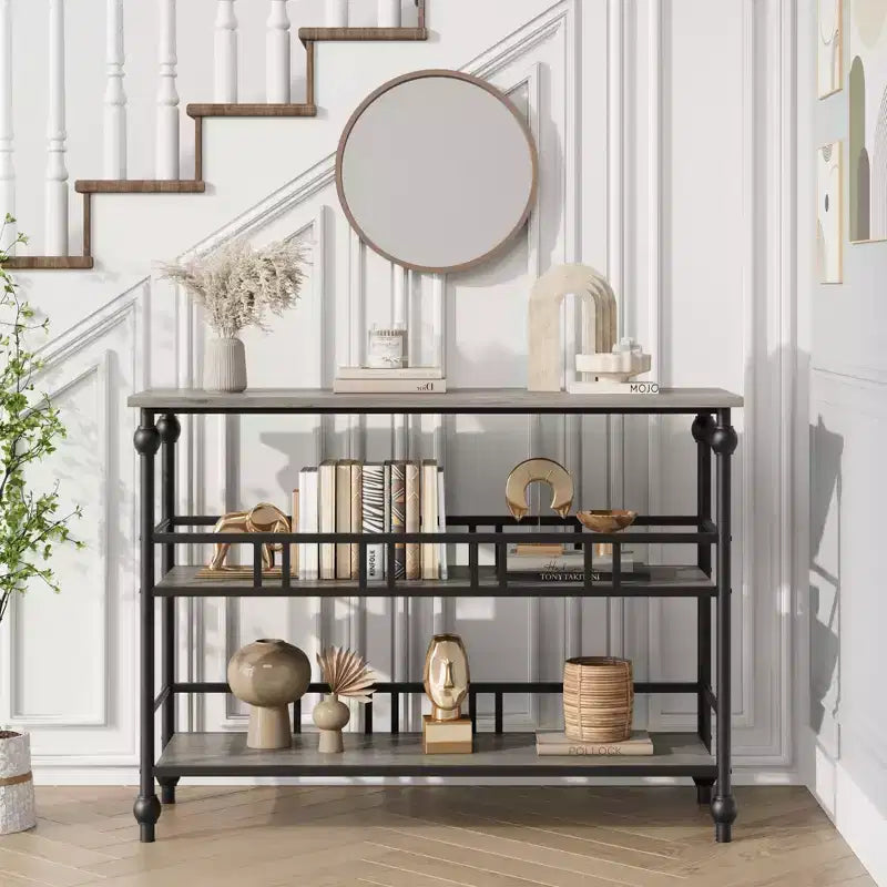 Console classique de 43 po avec 3 étagères, table de canapé avec design de support architectural pour entrée, salon, couloir, couleur gris/rétro