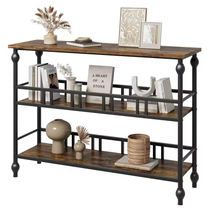 Console classique de 43 po avec 3 étagères, table de canapé avec design de support architectural pour entrée, salon, couloir, couleur gris/rétro