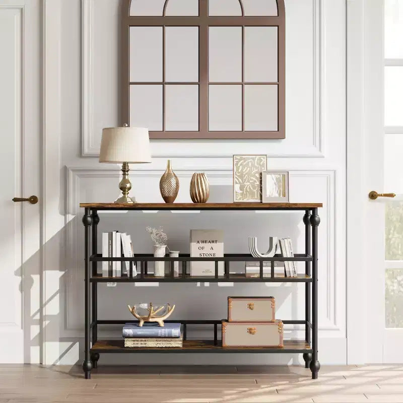Console classique de 43 po avec 3 étagères, table de canapé avec design de support architectural pour entrée, salon, couloir, couleur gris/rétro
