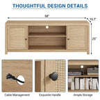 Meuble TV, Meuble TV de style ferme avec 2 portes en rotin naturel et étagères réglables en hauteur, Console TV multimédia pour salon ou chambre à coucher
