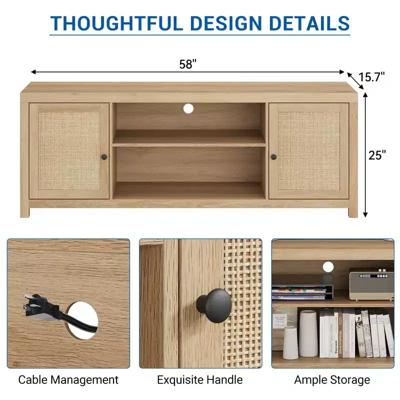 Meuble TV, Meuble TV de style ferme avec 2 portes en rotin naturel et étagères réglables en hauteur, Console TV multimédia pour salon ou chambre à coucher