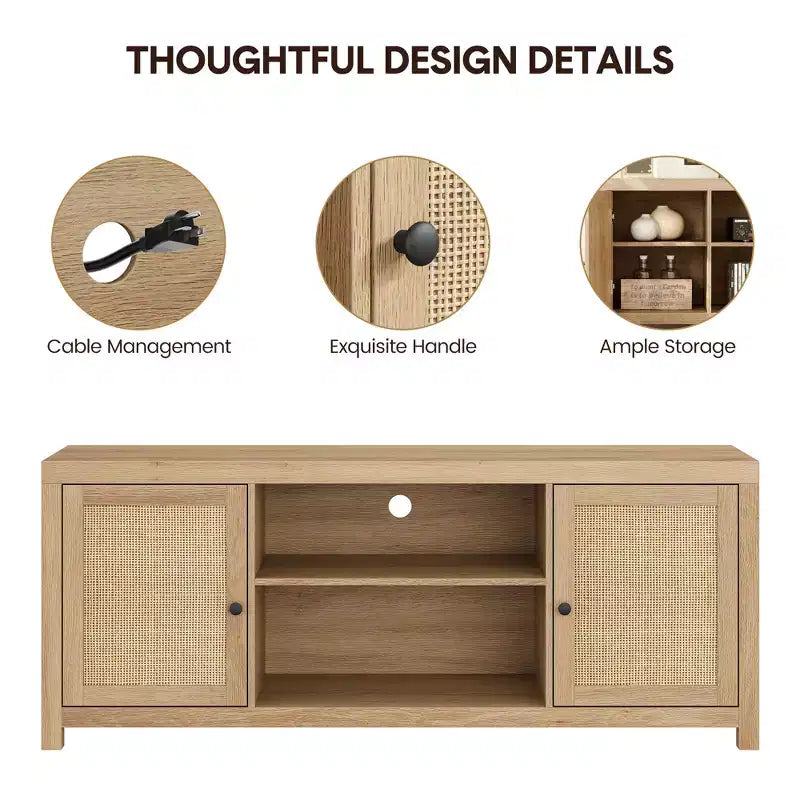 Meuble TV, Meuble TV de style ferme avec 2 portes en rotin naturel et étagères réglables en hauteur, Console TV multimédia pour salon ou chambre à coucher