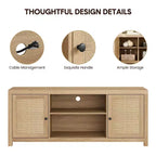 Meuble TV, Meuble TV de style ferme avec 2 portes en rotin naturel et étagères réglables en hauteur, Console TV multimédia pour salon ou chambre à coucher