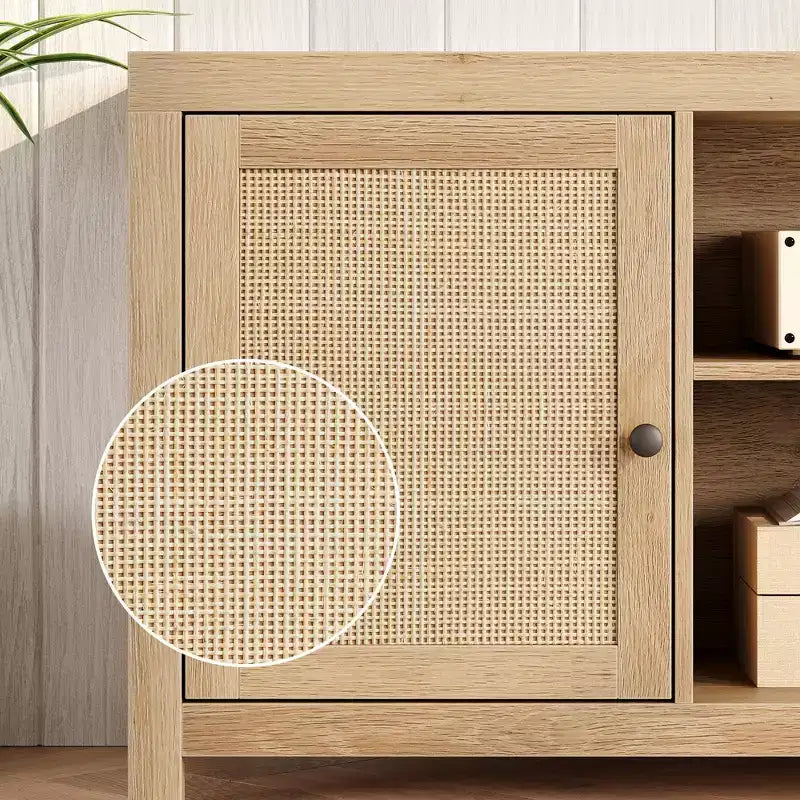 Meuble TV, Meuble TV de style ferme avec 2 portes en rotin naturel et étagères réglables en hauteur, Console TV multimédia pour salon ou chambre à coucher