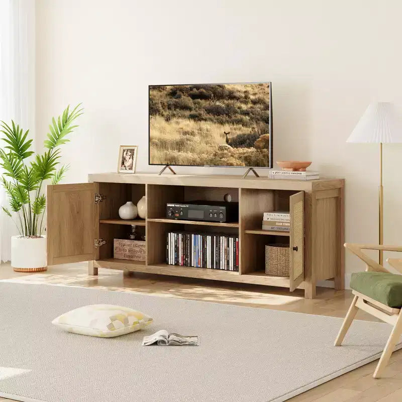 Meuble TV, Meuble TV de style ferme avec 2 portes en rotin naturel et étagères réglables en hauteur, Console TV multimédia pour salon ou chambre à coucher