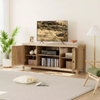 Meuble TV, Meuble TV de style ferme avec 2 portes en rotin naturel et étagères réglables en hauteur, Console TV multimédia pour salon ou chambre à coucher