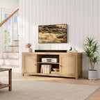 Meuble TV, Meuble TV de style ferme avec 2 portes en rotin naturel et étagères réglables en hauteur, Console TV multimédia pour salon ou chambre à coucher