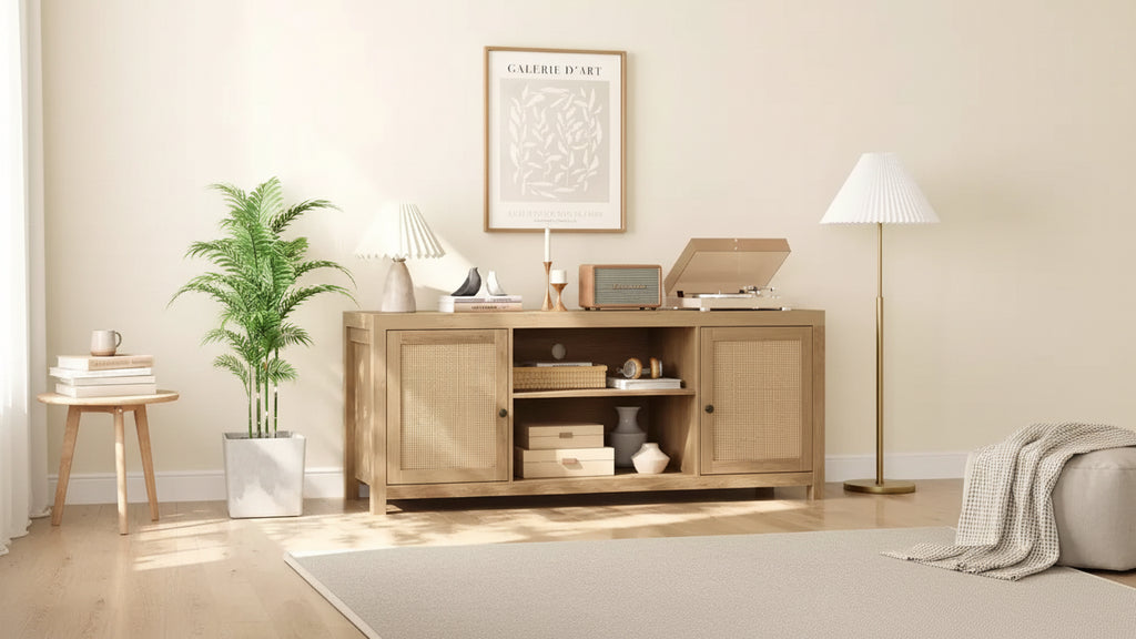 Meuble TV, Meuble TV de style ferme avec 2 portes en rotin naturel et étagères réglables en hauteur, Console TV multimédia pour salon ou chambre à coucher