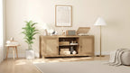 Meuble TV, Meuble TV de style ferme avec 2 portes en rotin naturel et étagères réglables en hauteur, Console TV multimédia pour salon ou chambre à coucher