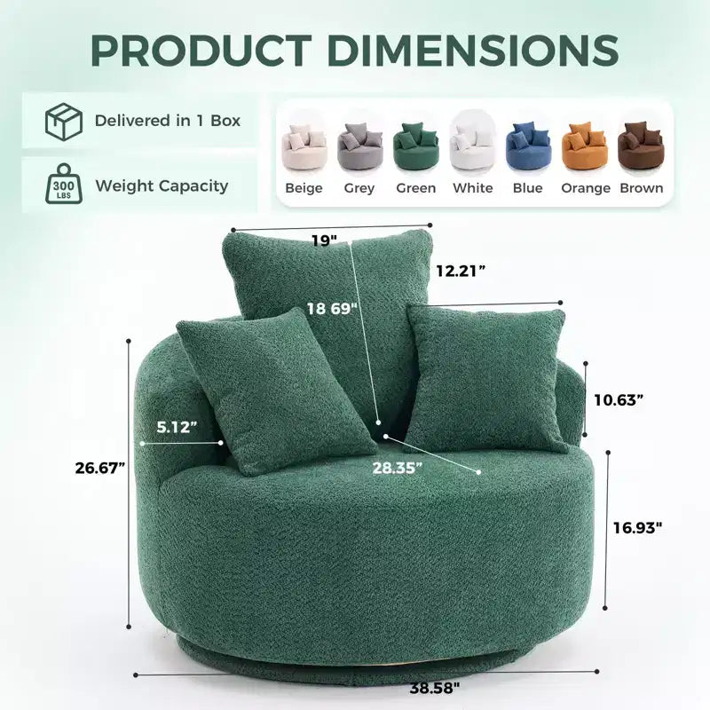 Fauteuil pivotant moderne Canapé rembourré avec 3 coussins décoratifs, fauteuil crapaud d'appoint pour salon, chambre, bureau