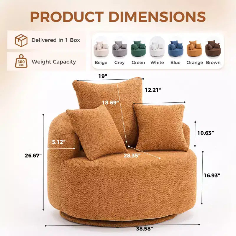 Fauteuil pivotant moderne Canapé rembourré avec 3 coussins décoratifs, fauteuil crapaud d'appoint pour salon, chambre, bureau