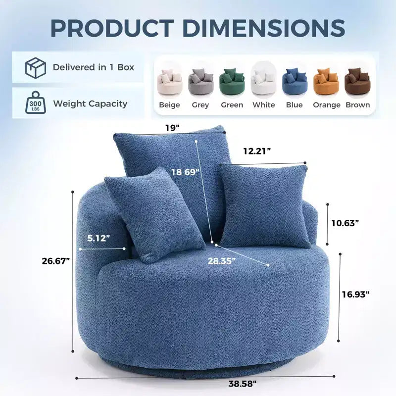 Fauteuil pivotant moderne Canapé rembourré avec 3 coussins décoratifs, fauteuil crapaud d'appoint pour salon, chambre, bureau