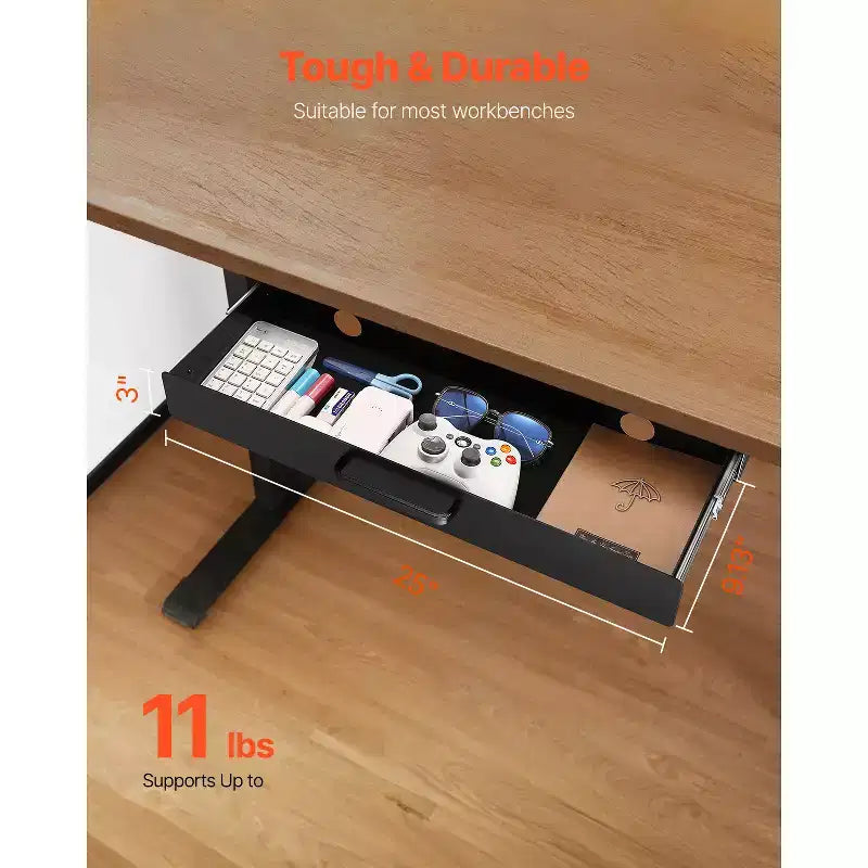 Tiroir coulissant de 56 cm à monter sous le bureau, fixation coulissante sous le bureau, organisateur de rangement de bureau caché, 63,5x22,9x7,6 cm, Noir