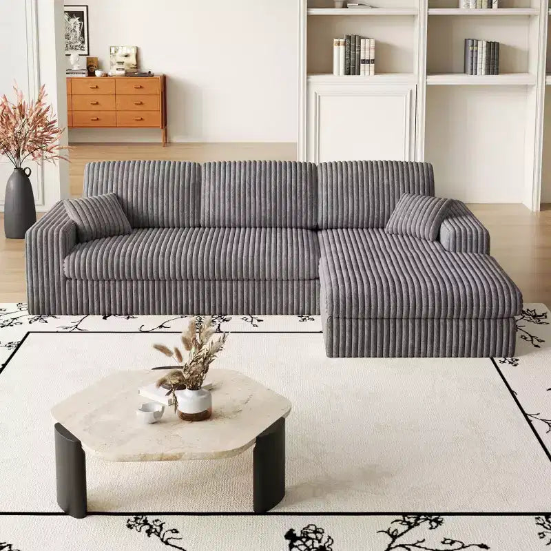 Canapé modulaire en mousse en velours côtelé beige moderne en forme de L de 114,5 pouces 2-en-1 avec trois coussins de nuque et deux coussins décoratifs