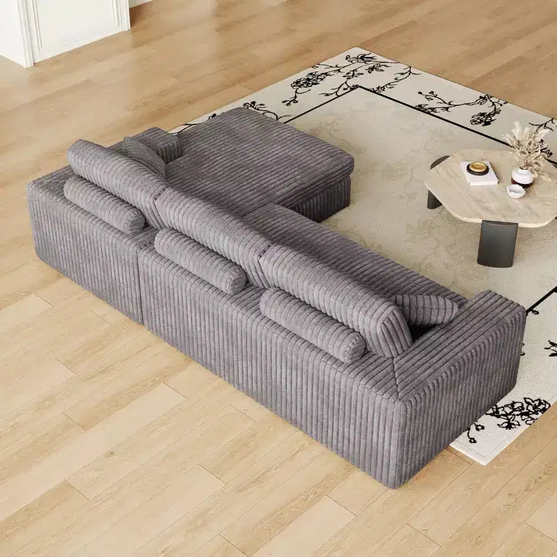 Canapé modulaire en mousse en velours côtelé beige moderne en forme de L de 114,5 pouces 2-en-1 avec trois coussins de nuque et deux coussins décoratifs