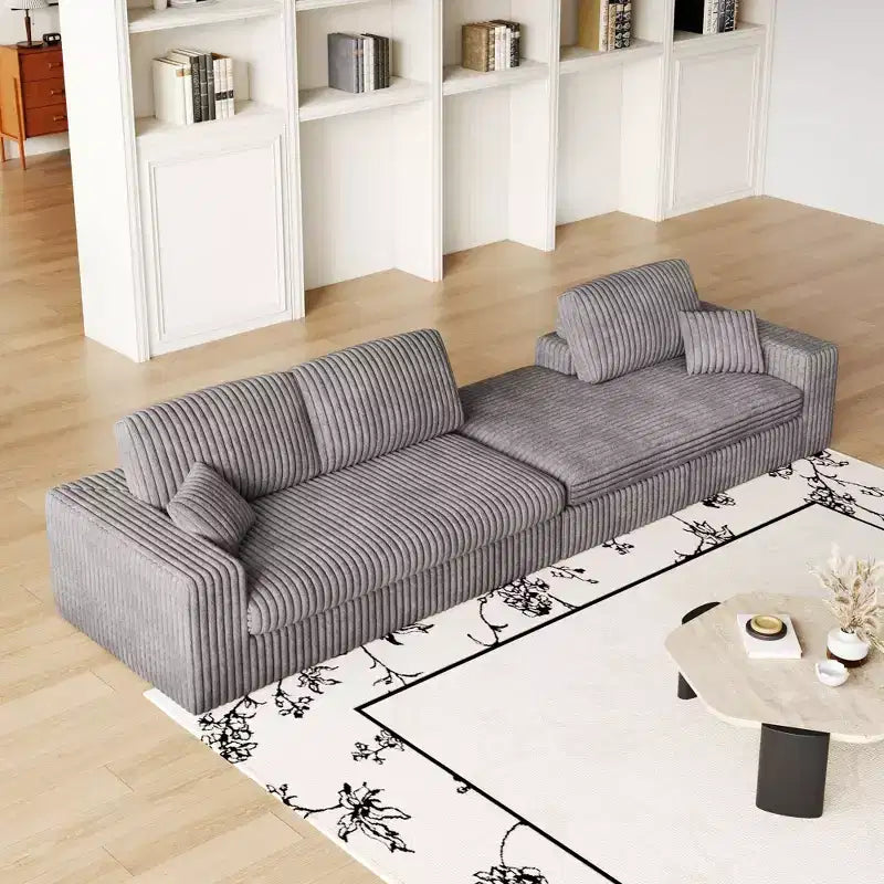 Canapé modulaire en mousse en velours côtelé beige moderne en forme de L de 114,5 pouces 2-en-1 avec trois coussins de nuque et deux coussins décoratifs