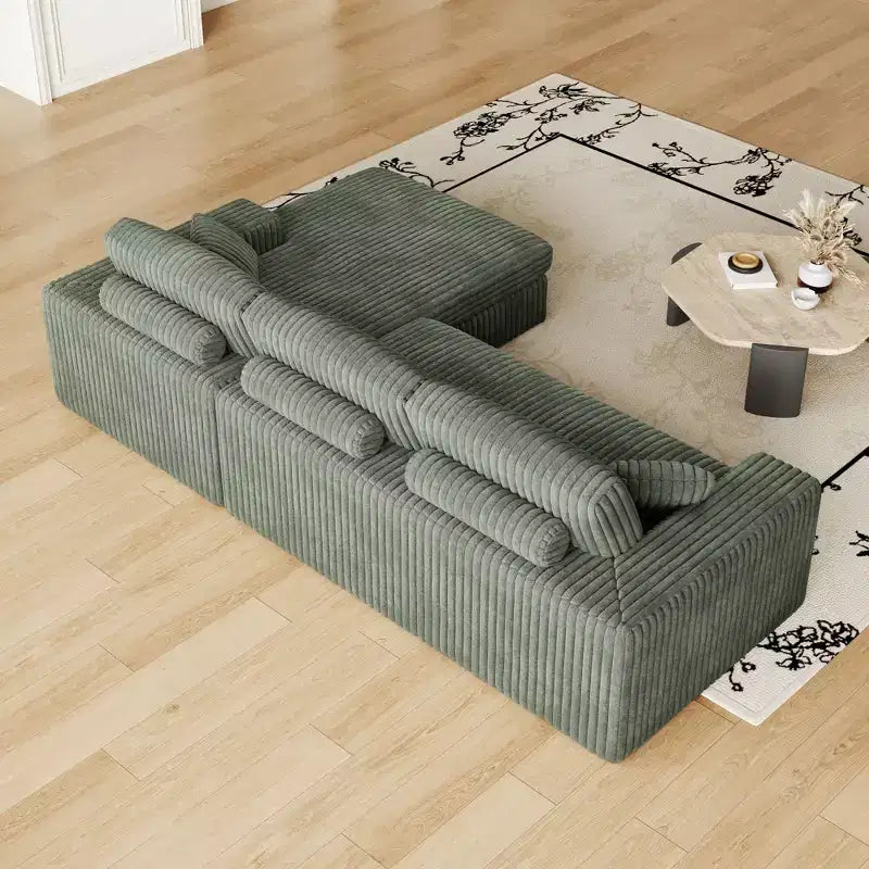 Canapé modulaire en mousse en velours côtelé beige moderne en forme de L de 114,5 pouces 2-en-1 avec trois coussins de nuque et deux coussins décoratifs