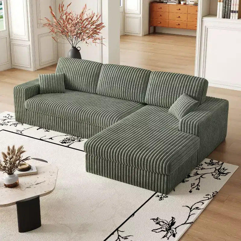 Canapé modulaire en mousse en velours côtelé beige moderne en forme de L de 114,5 pouces 2-en-1 avec trois coussins de nuque et deux coussins décoratifs
