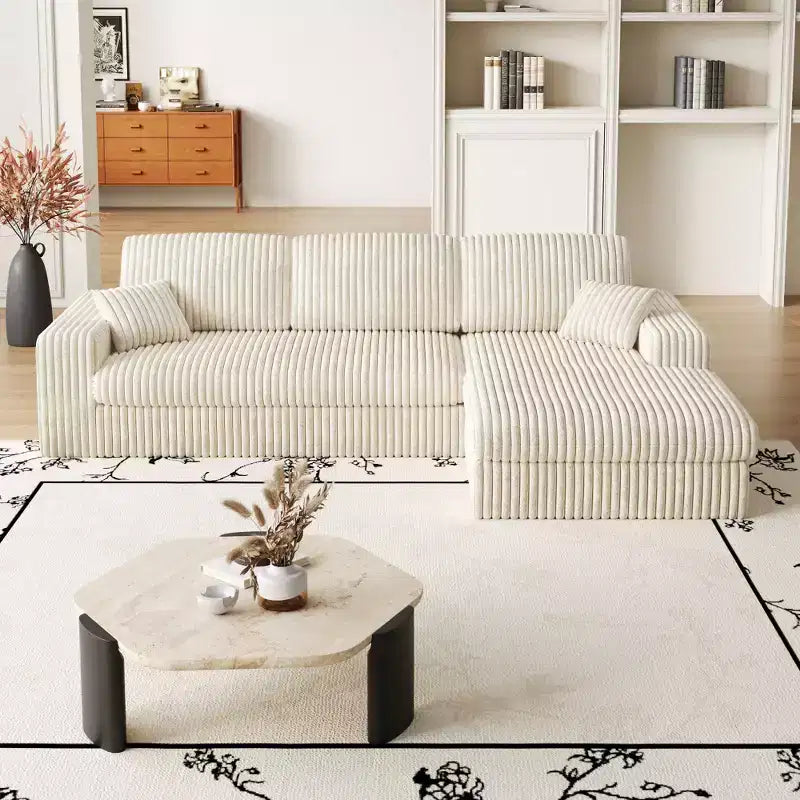 Canapé modulaire en mousse en velours côtelé beige moderne en forme de L de 114,5 pouces 2-en-1 avec trois coussins de nuque et deux coussins décoratifs
