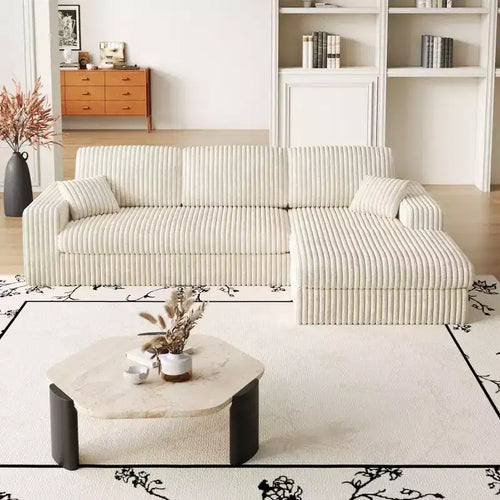 Canapé modulaire en mousse en velours côtelé beige moderne en forme de L de 114,5 pouces 2-en-1 avec trois coussins de nuque et deux coussins décoratifs