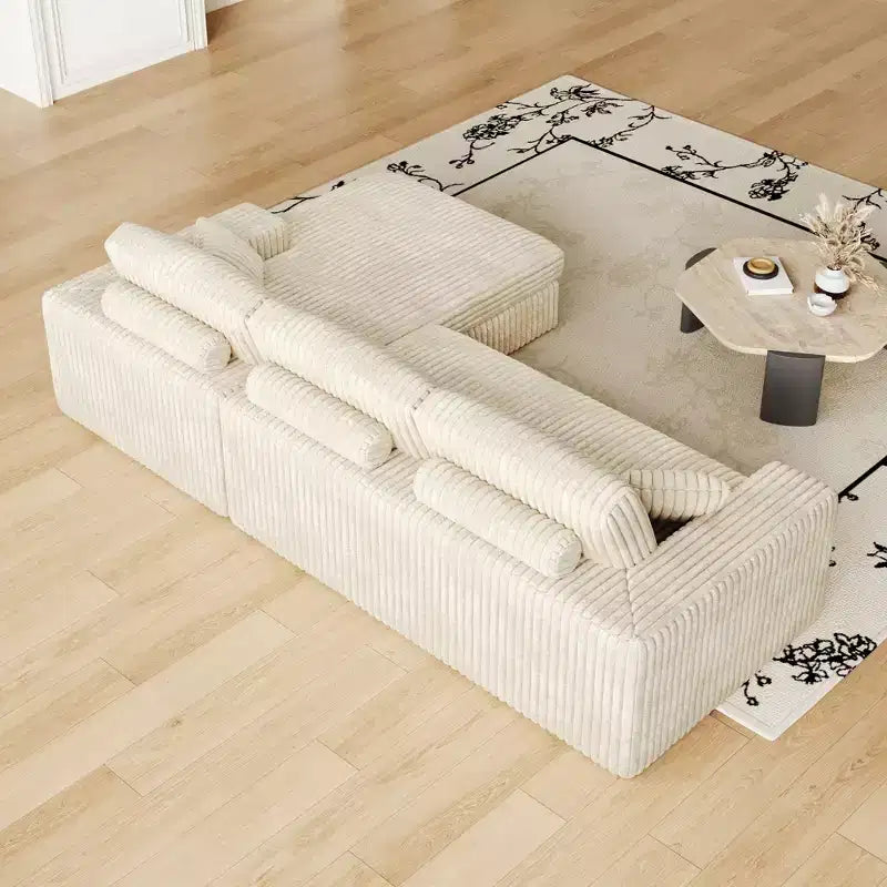 Canapé modulaire en mousse en velours côtelé beige moderne en forme de L de 114,5 pouces 2-en-1 avec trois coussins de nuque et deux coussins décoratifs