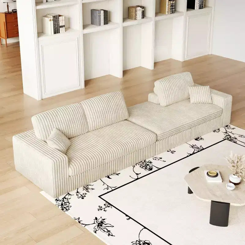 Canapé modulaire en mousse en velours côtelé beige moderne en forme de L de 114,5 pouces 2-en-1 avec trois coussins de nuque et deux coussins décoratifs