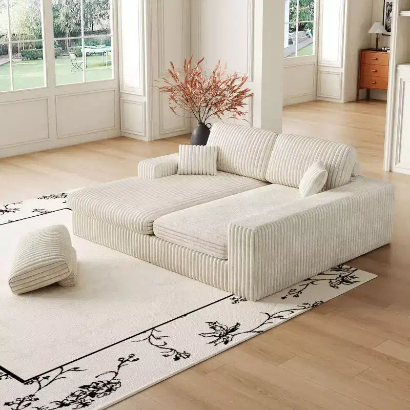 Canapé modulaire en mousse en velours côtelé beige moderne en forme de L de 114,5 pouces 2-en-1 avec trois coussins de nuque et deux coussins décoratifs