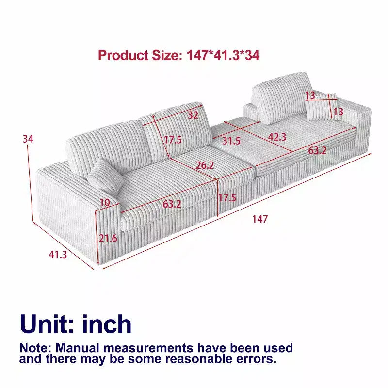 Canapé modulaire en mousse en velours côtelé beige moderne en forme de L de 114,5 pouces 2-en-1 avec trois coussins de nuque et deux coussins décoratifs