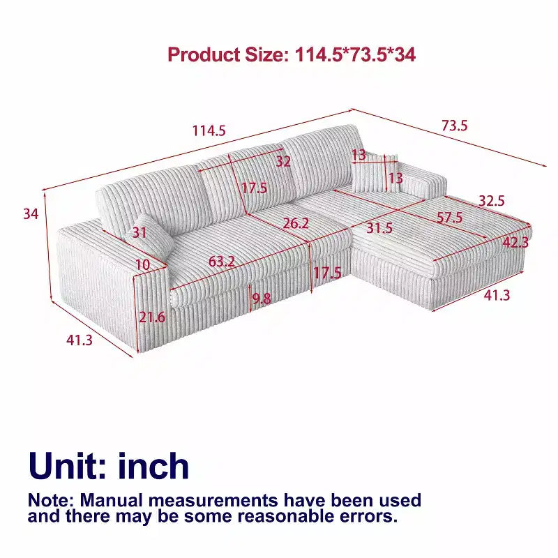 Canapé modulaire en mousse en velours côtelé beige moderne en forme de L de 114,5 pouces 2-en-1 avec trois coussins de nuque et deux coussins décoratifs