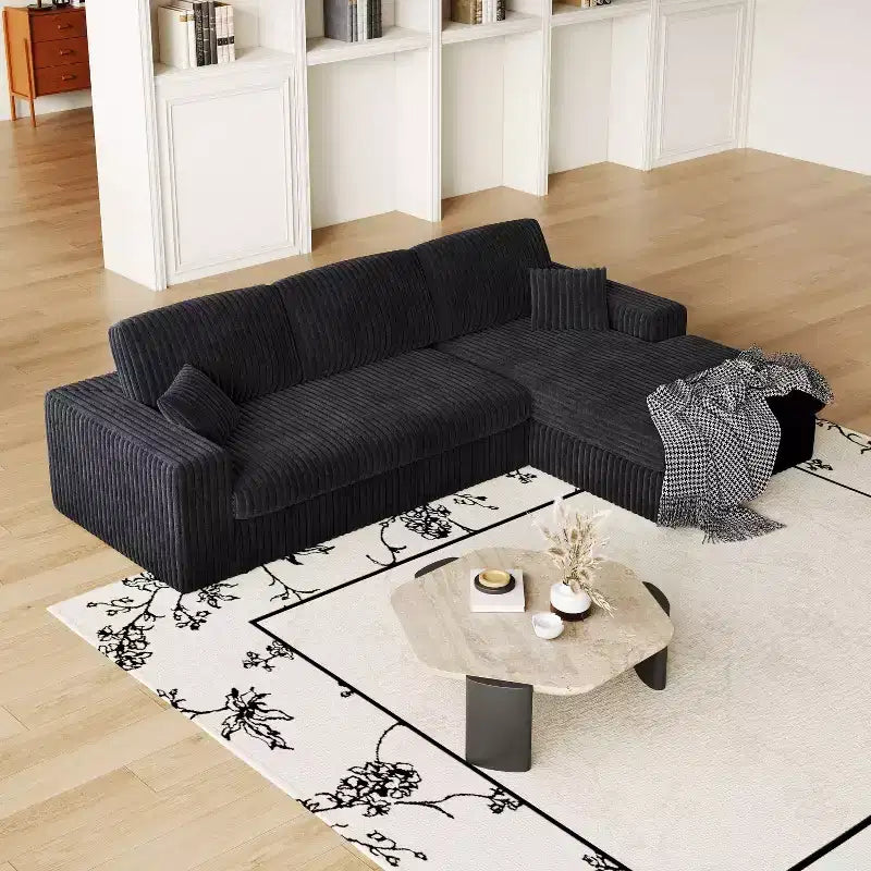 Canapé modulaire en mousse en velours côtelé beige moderne en forme de L de 114,5 pouces 2-en-1 avec trois coussins de nuque et deux coussins décoratifs